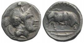 Southern Lucania, Thourioi, c. 350-300 BC. AR Stater (22mm, 7.54g, 11h). Helmeted head of Athena r., helmet decorated with Skylla holding trident. R/ ...