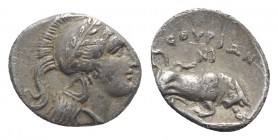 Southern Lucania, Thourioi, c. 350-300 BC. AR Triobol (10mm, 1.03g, 4h). Head of Athena r., wearing crested Attic helmet decorated with wreath. R/ Bul...