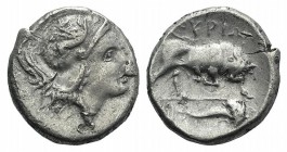 Southern Lucania, Thourioi, c. 350-300 BC. AR Stater (20mm, 6.13g, 12h). Head of Athena r., wearing Attic helmet decorated with griffin. R/ Bull charg...