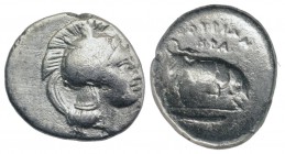 Southern Lucania, Thourioi, c. 350-300 BC. AR Triobol (11mm, 0.95g, 3h). Helmeted head of Athena r., helmet decorated with Skylla throwing stone. R/ B...