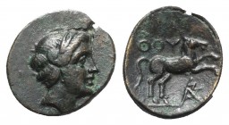 Southern Lucania, Thourioi, c. 280-213 BC. Æ (13mm, 2.23g, 11h). Laureate head of Apollo r. R/ Horse prancing r.; monogram below. HNItaly 1928; SNG AN...