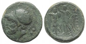 Bruttium, The Brettii, c. 214-211 BC. Æ Double (27.5mm, 18.49g, 3h). Bearded head of Ares l., wearing crested Corinthian helmet; two pellets to r., gr...