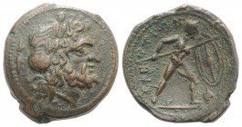 Bruttium, The Brettii, c. 211-208 BC. Æ Uncia (22mm, 7.86g, 12h). Laureate head of Zeus r.; thunderbolt behind. R/ Naked warrior advancing r., holding...