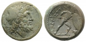 Bruttium, The Brettii, c. 211-208 BC. Æ Uncia (21mm, 7.68g, 12h). Laureate head of Zeus r.; thunderbolt behind. R/ Naked warrior advancing r., holding...