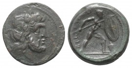 Bruttium, The Brettii, c. 211-208 BC. Æ Uncia (22mm, 8.10g, 12h). Laureate head of Zeus r.; thunderbolt behind. R/ Naked warrior advancing r., holding...