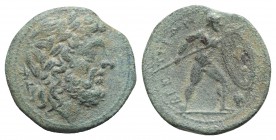 Bruttium, The Brettii, c. 211-208 BC. Æ Uncia (22mm, 7.12g, 11h). Laureate head of Zeus r.; thunderbolt behind. R/ Naked warrior advancing r., holding...