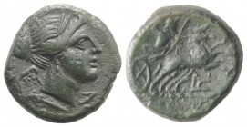 Bruttium, The Brettii, c. 211-208 BC. Æ Half Unit (16mm, 3.79g, 10h). Diademed and winged bust of Nike r. R/ Zeus driving biga r.; plow below. HNItaly...