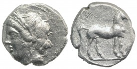 Bruttium, Carthaginian occupation, c. 215-205 BC. AR Quarter Shekel (13mm, 1.67g, 9h). Wreathed head of Tanit-Demeter l. R/ Horse standing r. HNItaly ...