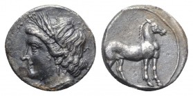 Bruttium, Carthaginian occupation, c. 215-205 BC. AR Quarter Shekel (12.5mm, 1.89g, 3h). Wreathed head of Tanit-Demeter l. R/ Horse standing r. HNItal...