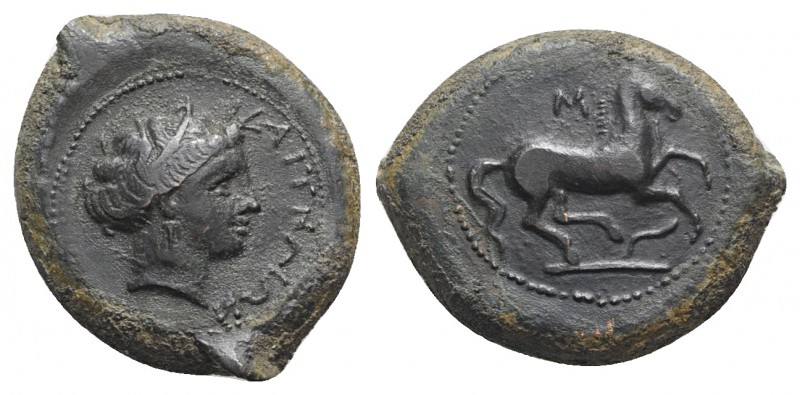 Sicily, Aitna, c. 354/3-344 BC. Æ Tetras (23mm, 7.44g, 3h). Wreathed head of Kor...