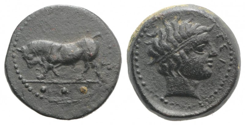 Sicily, Gela, c. 420-405 BC. Æ Tetras or Trionkion (17mm, 3.90g, 9h). Bull stand...