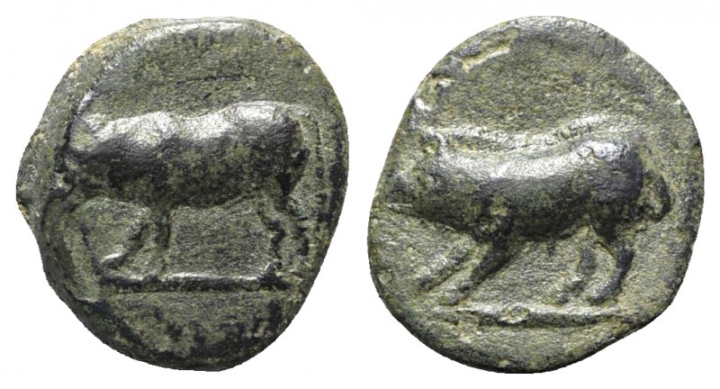 Sicily, Halykiai, c. 390-370 BC. Æ Tetras or Trionkion (15mm, 3.65g, 11h). Man-h...