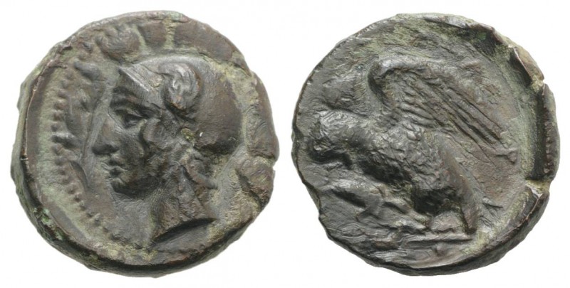 Sicily, Kamarina, c. 410-405 BC. Æ Tetras (15mm, 3.38g, 9h). Head of Athena l., ...