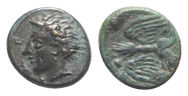 Sicily, Katane, c. 339-300 BC. Æ Onkia (9mm, 0.82g, 6h). Head of the river god A...