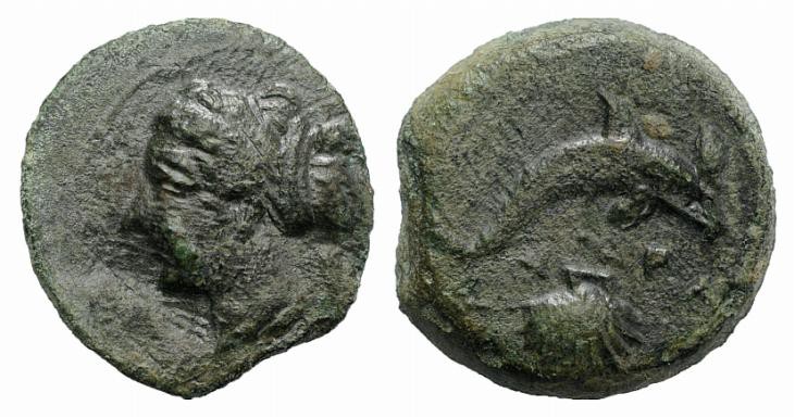 Sicily, Syracuse, c. 415-405 BC. Æ Hemilitron (16mm, 3.12g, 9h). Head of Arethus...