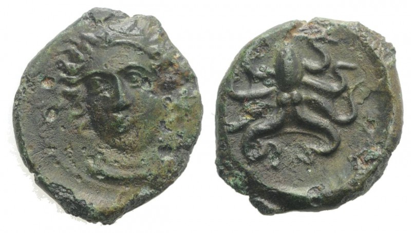 Sicily, Syracuse, c. 415-405 BC. Æ Tetras (14mm, 1.85g, 5h). Head of nymph facin...