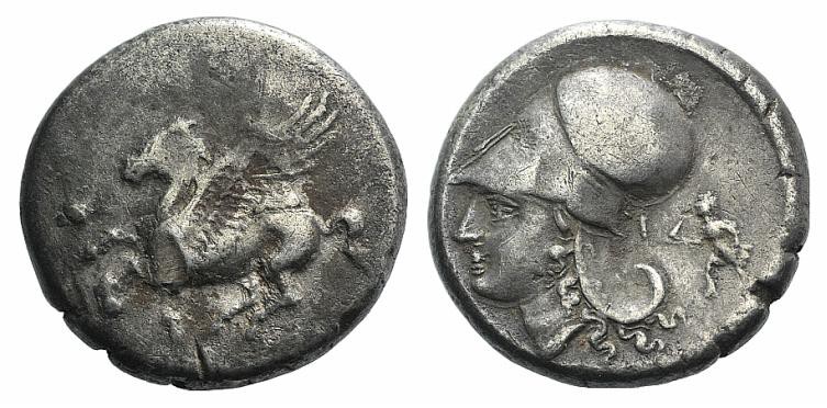 Corinth, c. 375-300 BC. AR Stater (21mm, 8.37g, 12h). Pegasos flying l. R/ Helme...