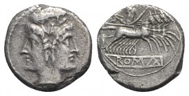 Anonymous, Rome, c. 225-212 BC. AR Quadrigatus (18mm, 5.28g, 3h). Laureate head of Janus. R/ Jupiter, holding sceptre and thunderbolt, in quadriga dri...