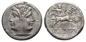 Anonymous, Rome, c. 225-212 BC. AR Quadrigatus (20mm, 5.48g, 6h). Laureate head of Janus. R/ Jupiter, holding sceptre and thunderbolt, in quadriga dri...