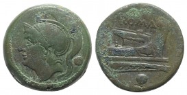 Anonymous, Rome, c. 217-215 BC. Æ Uncia (24mm, 12.90g, 10h). Helmeted head of Roma l. R/ Prow of galley r. Crawford 38/6; RBW 98-9. Green patina, some...