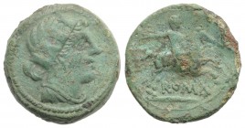 Anonymous, Rome, 217-215 BC. Æ Semuncia (19mm, 4.90g, 12h). Draped female bust r., wearing mural crown. R/ Horseman r. on galloping horse, holding whi...