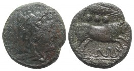 Anonymous, Sicily, c. 214 BC. Æ Quadrans (26mm, 12.09g, 6h). Head of Hercules r., wearing lion skin. R/ Bull charging r.; grain ear above, serpent bel...