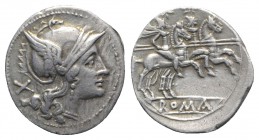 Anonymous, Rome, after 211 BC. AR Denarius (19mm, 4.08g, 6h). Head of Roma r., wearing winged helmet decorated with head of griffin. R/ Dioscuri on ho...