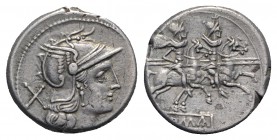 Anonymous, Rome, after 211 BC. AR Denarius (18mm, 4.05g, 2h). Head of Roma r., wearing winged helmet decorated with head of griffin. R/ Dioscuri on ho...