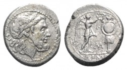 C/M series, Sicilian mint, 211-208 BC. AR Victoriatus (16mm, 3.05g, 12h). Laureate head of Jupiter r.; C behind. R/ Victory standing r., erecting trop...