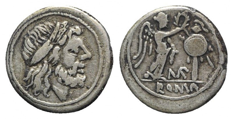 MP series, Uncertain mint, 211-208 BC. AR Victoriatus (17mm, 3.39g, 6h). Laureat...