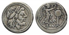 MP series, Uncertain mint, 211-208 BC. AR Victoriatus (17mm, 3.39g, 6h). Laureate head of Jupiter r. R/ Victory standing r., crowning trophy; MP monog...