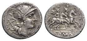 Trident series, Rome, 206-195 BC. AR Denarius (20mm, 3.46g, 7h). Helmeted head of Roma r. R/ Dioscuri on horseback riding r.; trident below. Crawford ...