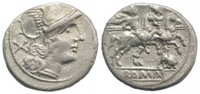 Bull series, Rome, 206-195 BC. AR Denarius (19mm, 3.87g, 12h). Helmeted head of Roma r. R/ The Dioscuri riding r.; bull butting l. below. Crawford 116...