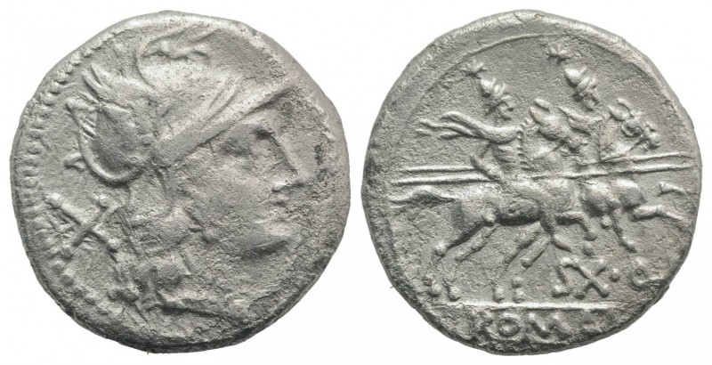 Sex. Quinctilius, Rome, 189-180 BC. AR Denarius (17mm, 3.77g, 9h). Helmeted head...