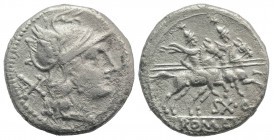 Sex. Quinctilius, Rome, 189-180 BC. AR Denarius (17mm, 3.77g, 9h). Helmeted head of Roma r. R/ The Dioscuri riding r.; SX • Q below. Crawford 152/1b; ...