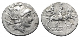Gryphon series, Rome, 169-158 BC. AR Denarius (19mm, 3.81g, 1h). Helmeted head of Roma r. R/ The Dioscuri on horseback galloping r., each holding spea...