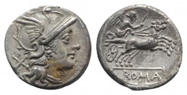 Anonymous, Rome, c. 157/6 BC. AR Denarius (18mm, 4.12g, 11h). Helmeted head of Roma r. R/ Victory driving biga r. Crawford 197/1a; RBW 846; RSC 6. Ton...