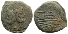 Mast and sail series, Rome, c. 155-149 BC. Æ As (33mm, 19.55g, 9h). Laureate head of bearded Janus. R/ Prow of galley r.; mast with sail above. Crawfo...