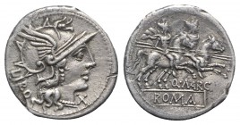 Q. Marcius Libo, Rome, 148 BC. AR Denarius (20mm, 3.55g, 12h). Helmeted head of Roma r. R/ Dioscuri riding r. with couched lances, stars above their h...