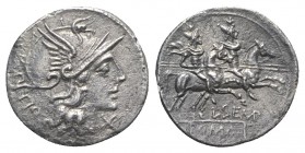 L. Sempronius Pitio, Rome, 148 BC. AR Denarius (19mm, 3.08g, 1h). Helmeted head of Roma r. R/ Dioscuri on horseback riding r. Crawford 216/1; RBW 926;...