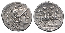C. Terentius Lucanus, Rome, 147 BC. AR Denarius (19mm, 3.26g, 3h). Helmeted head of Roma r.; behind, Victory holding wreath. R/ Dioscuri on horseback ...