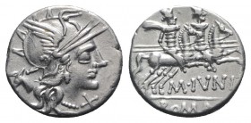 M. Junius Silanus, Rome, 145 BC. AR Denarius (17mm, 3.94g, 6h). Helmeted head of Roma r.; head of ass behind. R/ Dioscuri riding r. Crawford 220/1; RB...