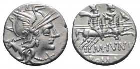 M. Junius Silanus, Rome, 145 BC. AR Denarius (17mm, 3.94g, 6h). Helmeted head of Roma r.; head of ass behind. R/ Dioscuri riding r. Crawford 220/1; RB...