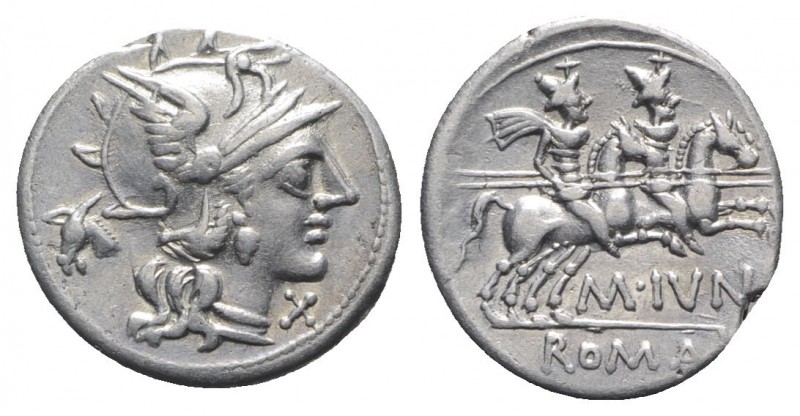 M. Junius Silanus, Rome, 145 BC. AR Denarius (19mm, 3.65g, 9h). Helmeted head of...
