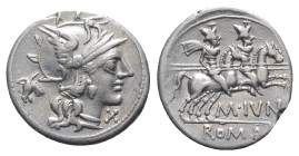 M. Junius Silanus, Rome, 145 BC. AR Denarius (19mm, 3.65g, 9h). Helmeted head of Roma r.; head of ass behind. R/ Dioscuri riding r. Crawford 220/1; RB...