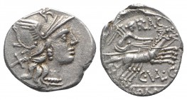 C. Valerius C.f. Flaccus, Rome, 140 BC. AR Denarius (19mm, 4.05g, 9h). Helmeted head of Roma r. R/ Victory driving galloping biga r. Crawford 228/2; R...