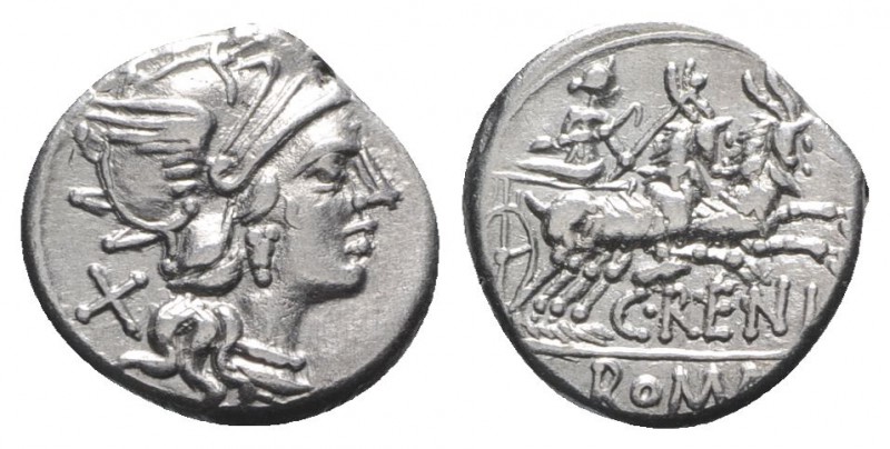 C. Renius, Rome, 138 BC. AR Denarius (17mm, 3.76g, 9h). Helmeted head of Roma r....