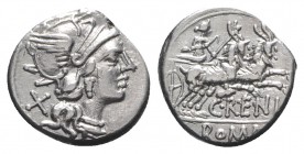 C. Renius, Rome, 138 BC. AR Denarius (17mm, 3.76g, 9h). Helmeted head of Roma r. R/ Juno Caprotina driving biga of goats r., holding whip, reins, and ...