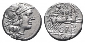 C. Renius, Rome, 138 BC. AR Denarius (16mm, 3.72g, 9h). Helmeted head of Roma r. R/ Juno Caprotina driving biga of goats r., holding whip, reins, and ...