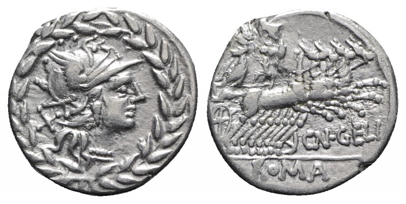 Cn. Gellius, Rome, 138 BC. AR Denarius (20mm, 3.81g, 3h). Helmeted head of Roma ...